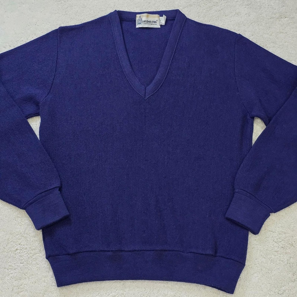 Vintage 80s‎ London Fog Men's Small V-Neck Sweater Deep Blue Made in USA GVC